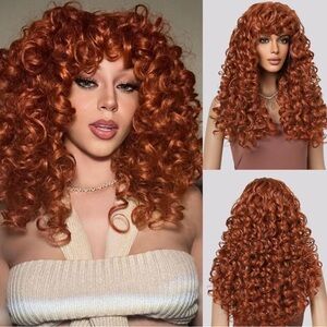 SHORT Copper Red Long Curly Wig with Bangs for Women *NEW*